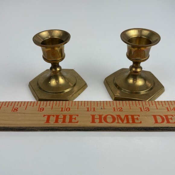Pair Vintage Brass Hexagonal Base Candle Holders 2.5" Tall Made In India - Picture 4 of 5
